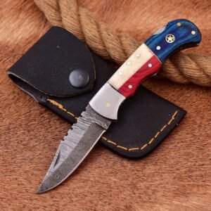Beautiful Custom Handmade Damascus Folding Knives Overall Size 7" Blade Size 3.5" Handal Size 3.5" USA Style Handal Steel Booster With Leather Sheath