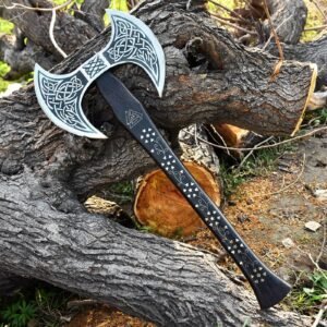 Custom Hand Forged Viking Double Edge Hunting Axe With Red Padook Wood Handal Custom Brass Work