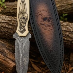 Handmade Damascus Steel Skinner Hunting Knife with Leather Sheath – Fixed Blade Collector Knife for Camping, Bushcraft & Outdoor Use