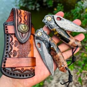 Handmade Damascus Folding Pocket Knife with Wood Handle & Leather Belt Sheath | EDC Hunting Camping Knife